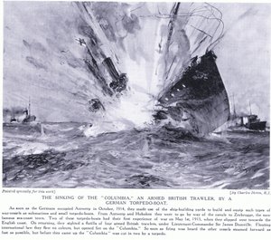 El hundimiento del Columbia, un arrastrero británico armado, por un torpedero alemán en la costa inglesa, octubre de 1914 de Charles Edward Dixon